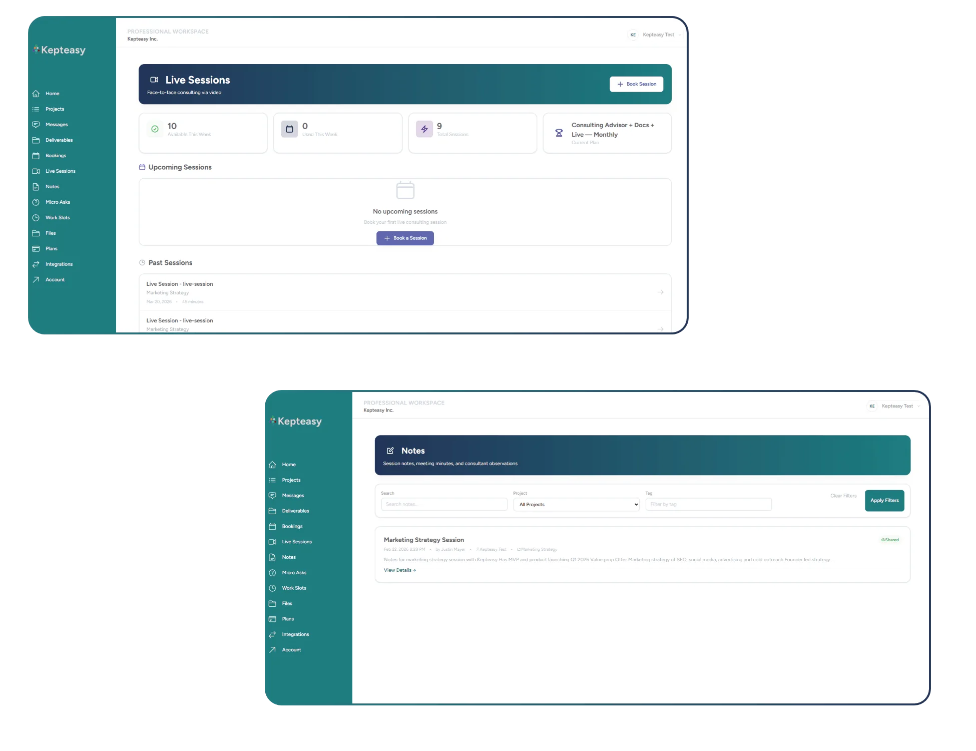 Consulting bookings and notes screenshot